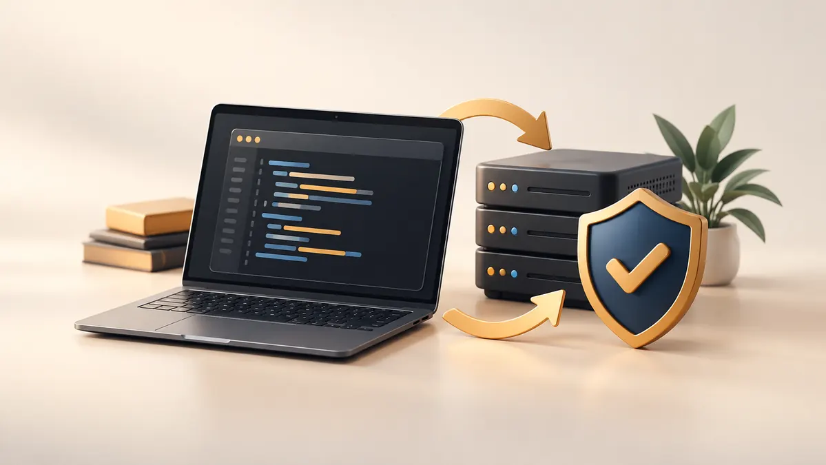 Illustration of a laptop, server and shield with a checkmark representing software updates and security.