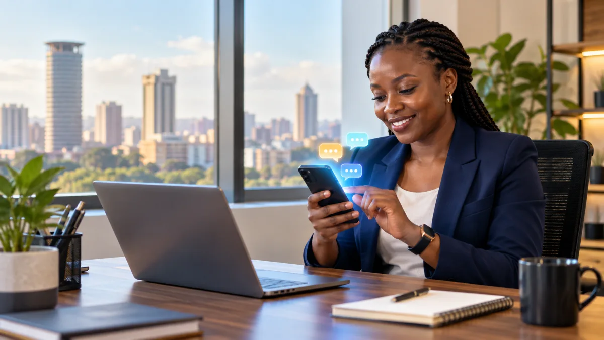 Kenyan business professional using a smartphone for SMS customer notifications in a Nairobi office